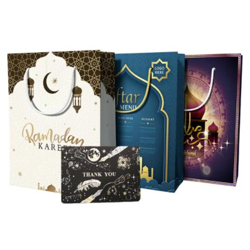 Προσαρμοσμένος σχεδιασμός επαναχρησιμοποιήσιμος Eid Mubarak Ramanda Muslin Islamic Festival Shopping Packaging Paper Gift Bags με λαβές