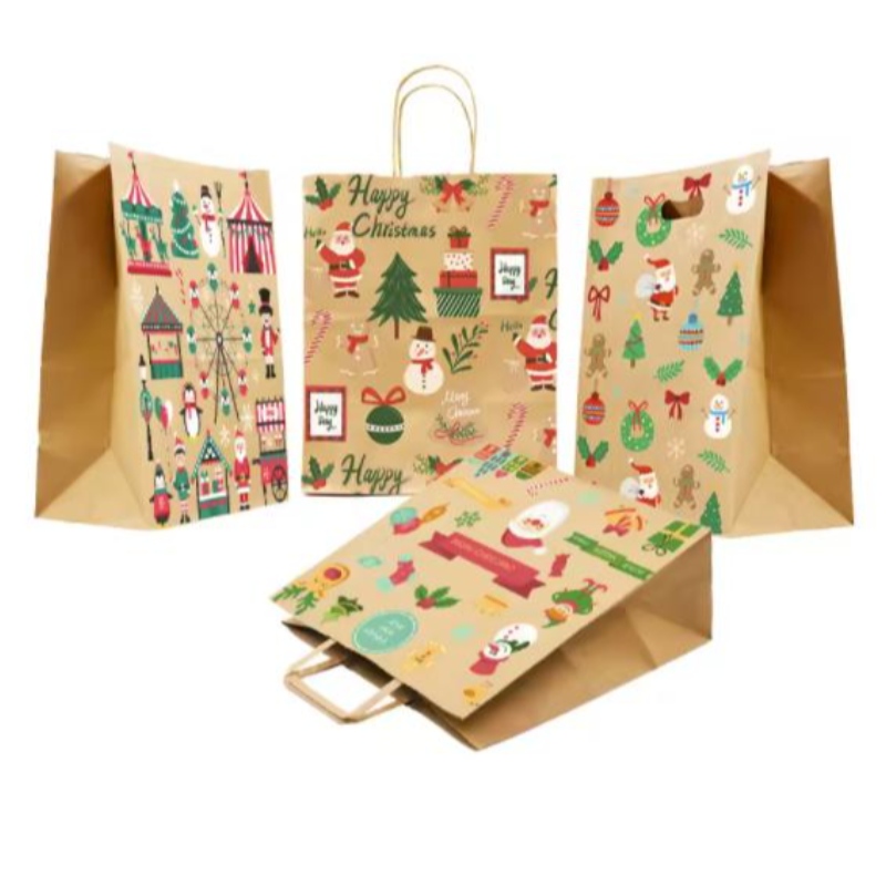 Χριστουγεννιάτικες τσάντες χαρτιού καφέ με στρεβλωμένες λαβές προσαρμοσμένες εορταστικές τσάντες δώρων με δικές τους διακριτικές χάρτινες σακούλες